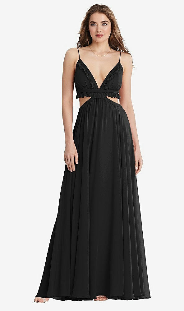 Front View - Black Ruffled Chiffon Cutout Maxi Dress - Jessie