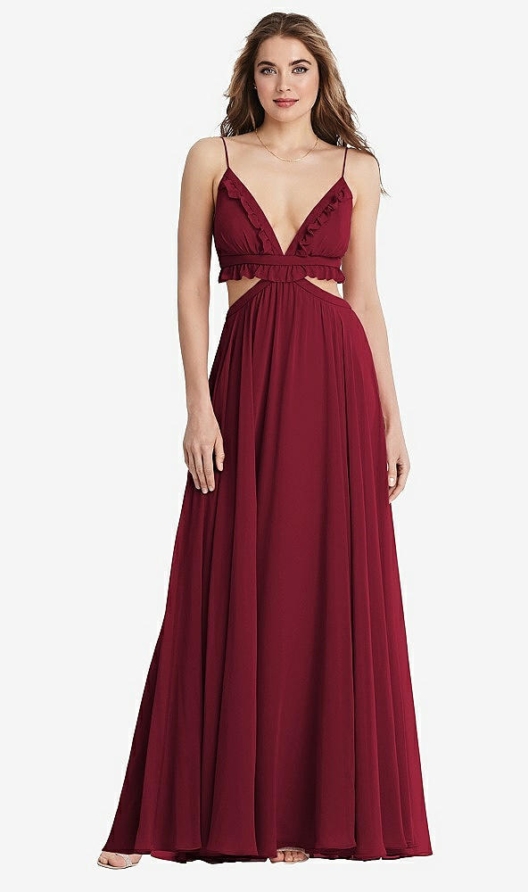 Front View - Burgundy Ruffled Chiffon Cutout Maxi Dress - Jessie