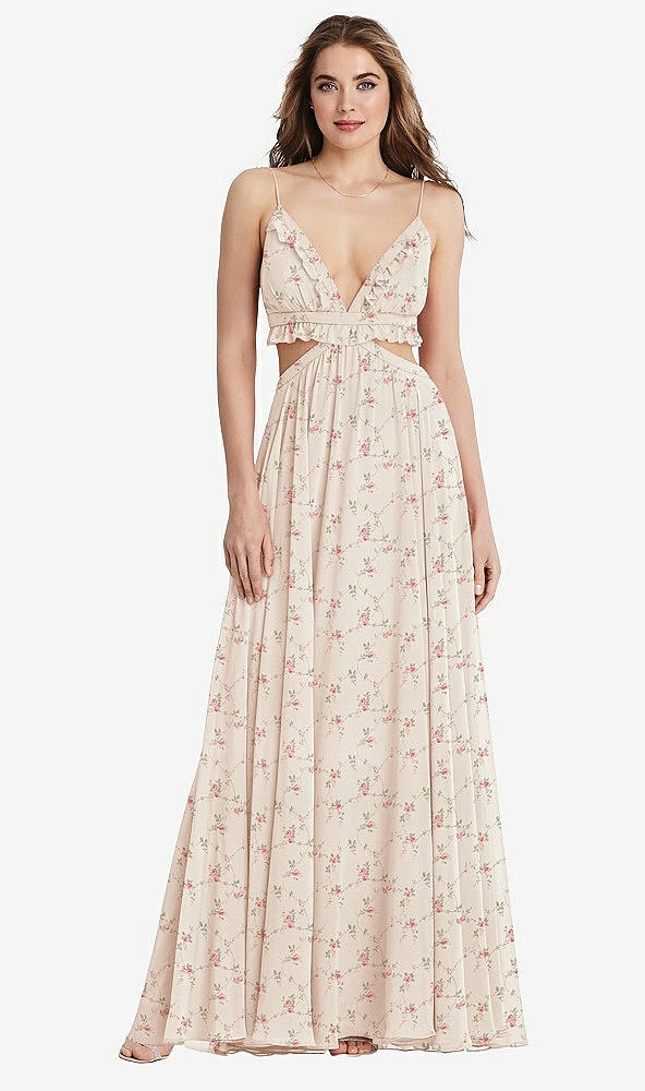 Front View - Coquette Floral Print Ruffled Chiffon Cutout Maxi Dress - Jessie