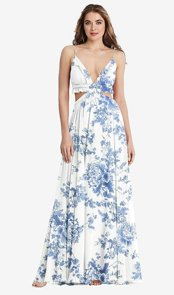 Front View - Cottage Rose Dusk Blue Ruffled Chiffon Cutout Maxi Dress - Jessie