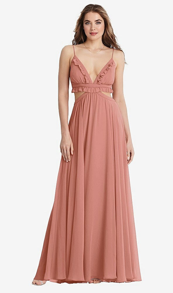 Front View - Desert Rose Ruffled Chiffon Cutout Maxi Dress - Jessie