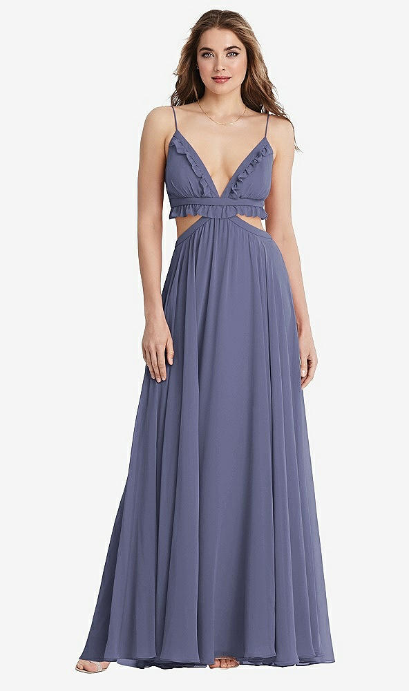 Front View - French Blue Ruffled Chiffon Cutout Maxi Dress - Jessie