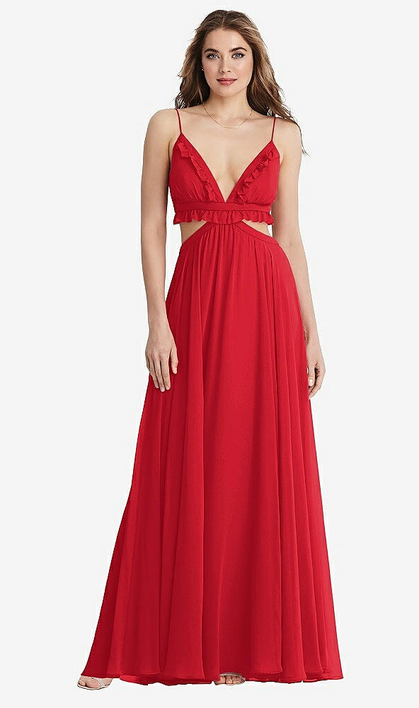 Front View - Parisian Red Ruffled Chiffon Cutout Maxi Dress - Jessie