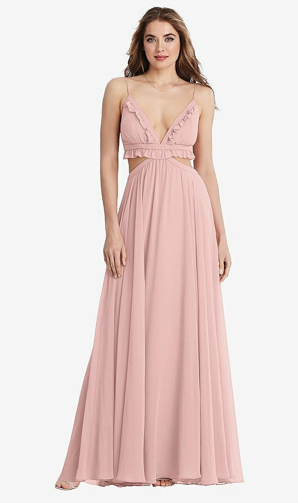 Front View - Rose - PANTONE Rose Quartz Ruffled Chiffon Cutout Maxi Dress - Jessie