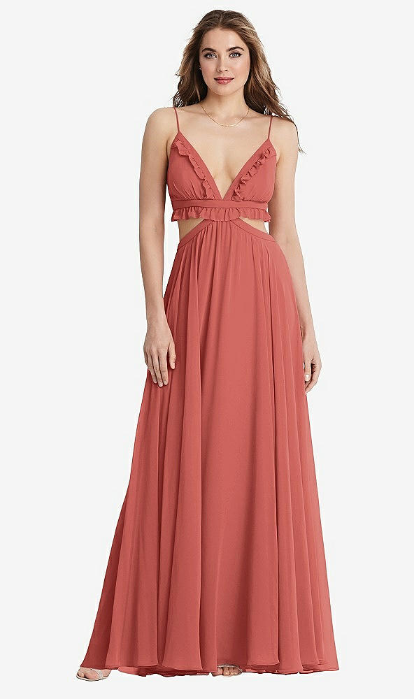 Front View - Coral Pink Ruffled Chiffon Cutout Maxi Dress - Jessie