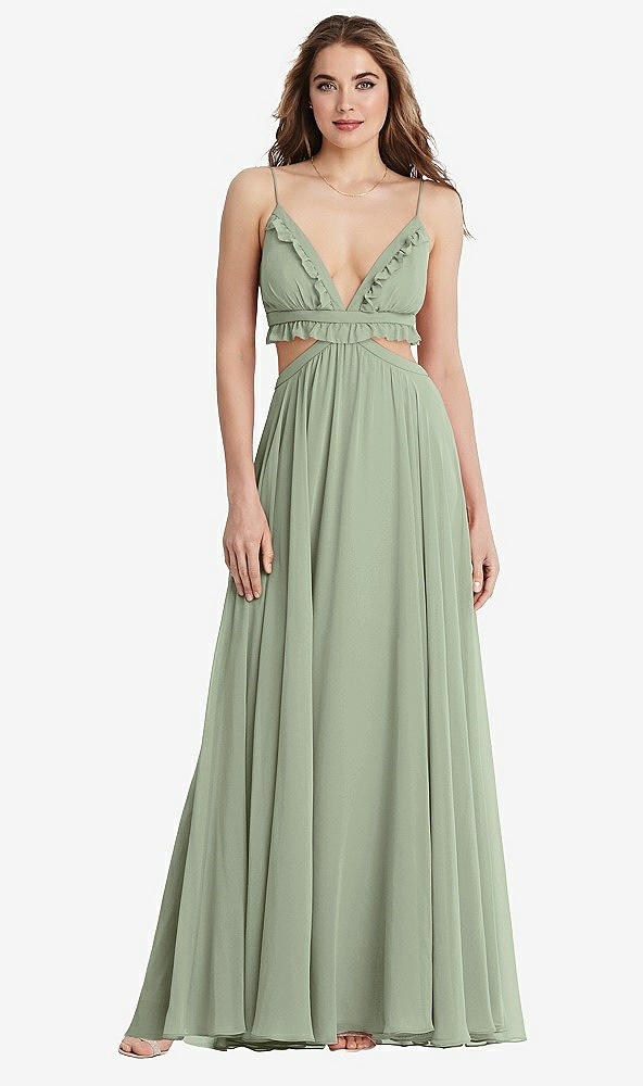 Front View - Sage Ruffled Chiffon Cutout Maxi Dress - Jessie