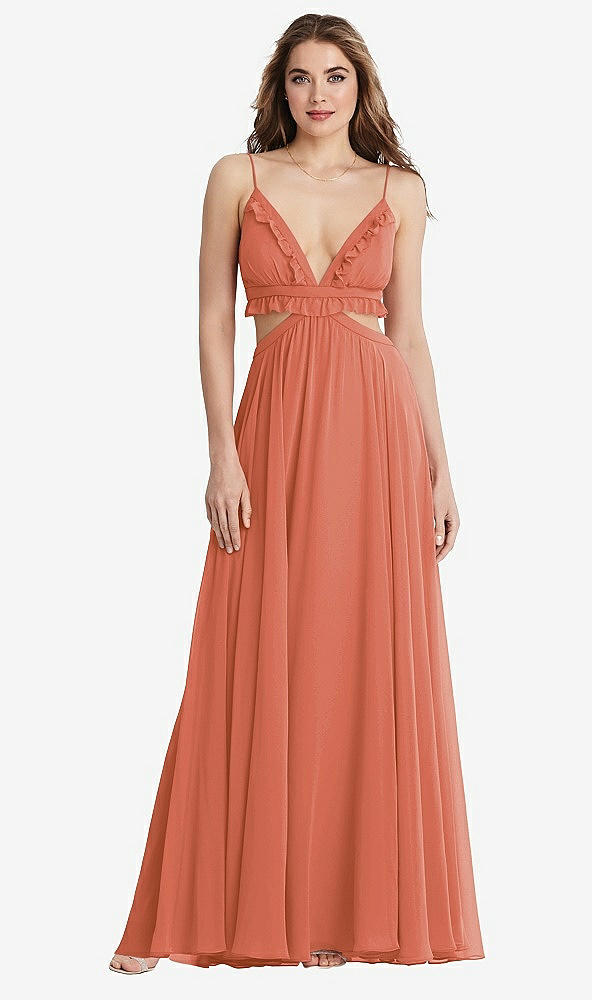 Front View - Terracotta Copper Ruffled Chiffon Cutout Maxi Dress - Jessie