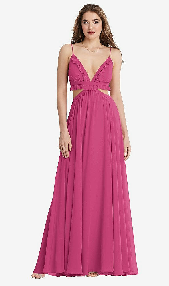 Front View - Tea Rose Ruffled Chiffon Cutout Maxi Dress - Jessie