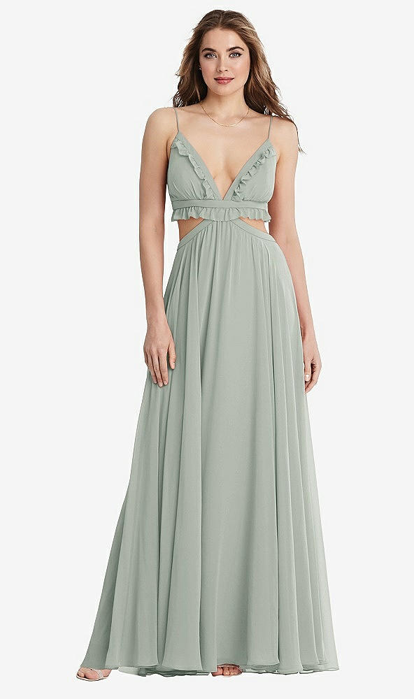 Front View - Willow Green Ruffled Chiffon Cutout Maxi Dress - Jessie