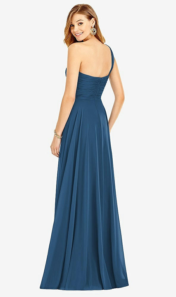 Back View - Dusk Blue One-Shoulder Draped Chiffon Maxi Dress - Dani