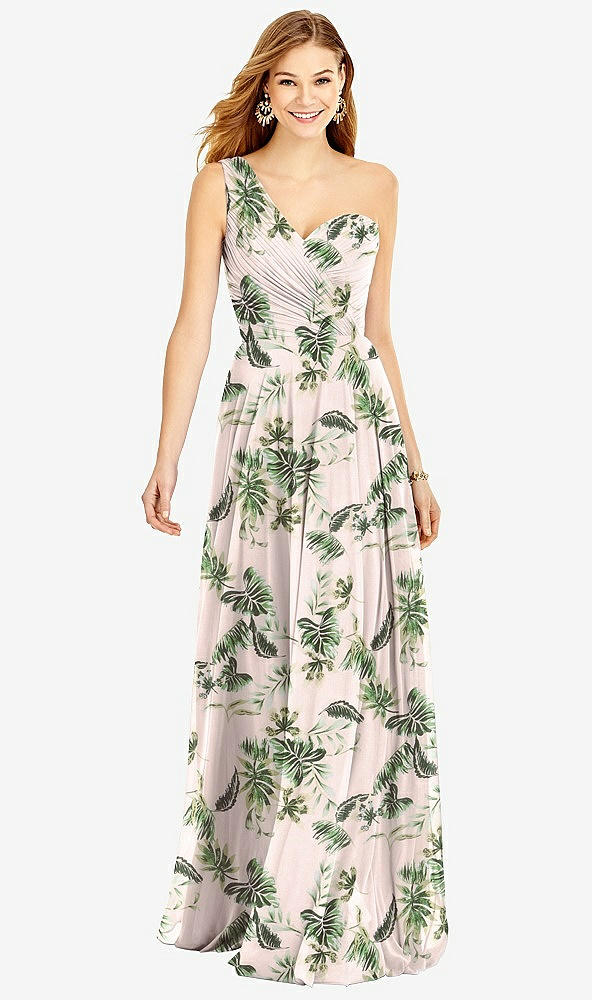 Front View - Palm Beach Print One-Shoulder Draped Chiffon Maxi Dress - Dani