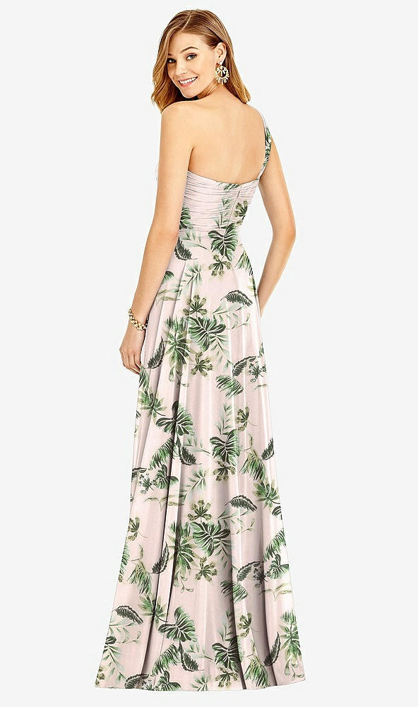 Back View - Palm Beach Print One-Shoulder Draped Chiffon Maxi Dress - Dani