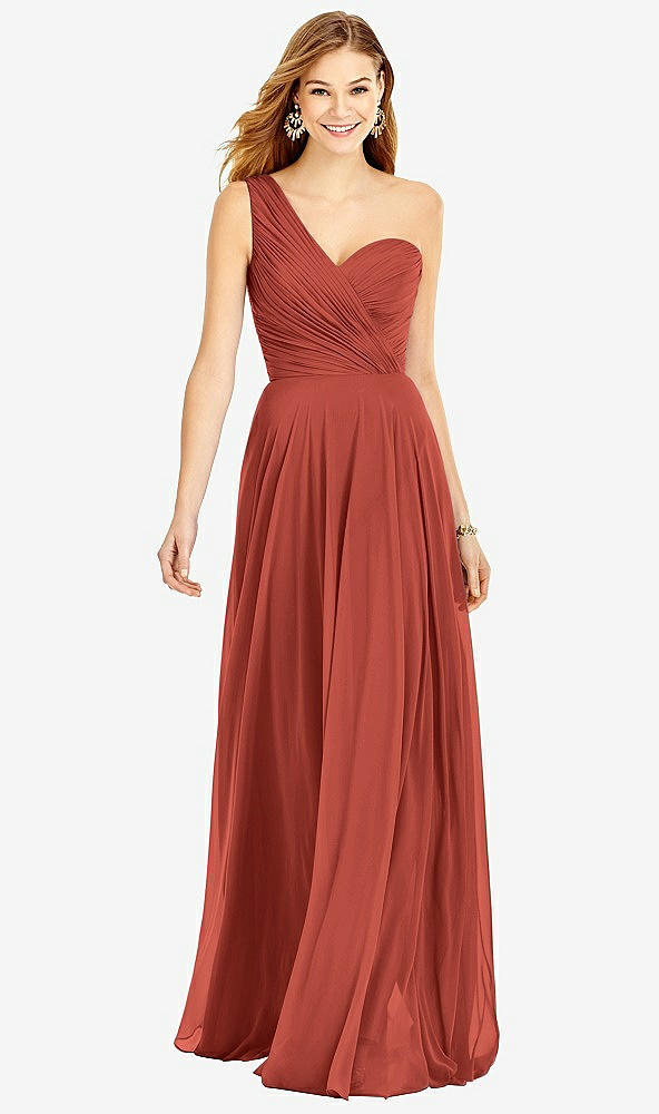 Front View - Amber Sunset One-Shoulder Draped Chiffon Maxi Dress - Dani