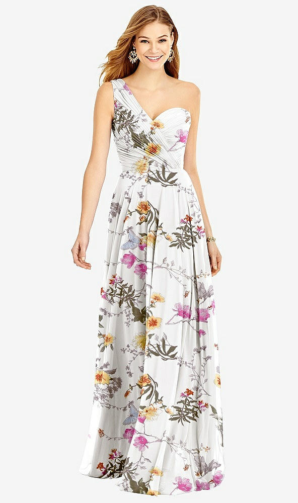 Front View - Butterfly Botanica Ivory One-Shoulder Draped Chiffon Maxi Dress - Dani