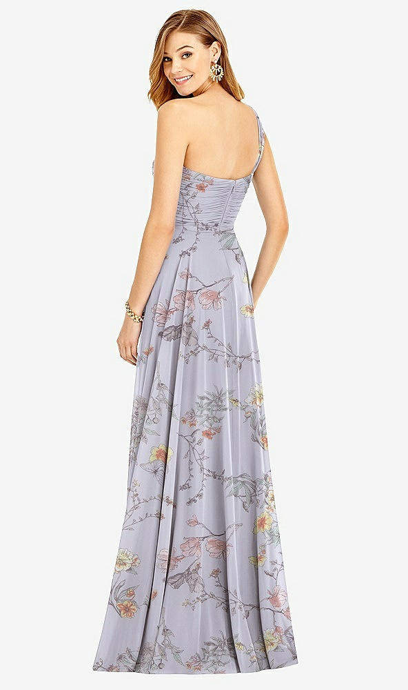 Back View - Butterfly Botanica Silver Dove One-Shoulder Draped Chiffon Maxi Dress - Dani