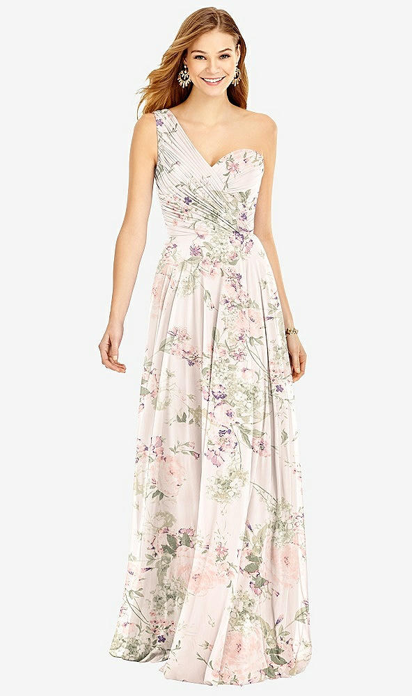 Front View - Blush Garden One-Shoulder Draped Chiffon Maxi Dress - Dani