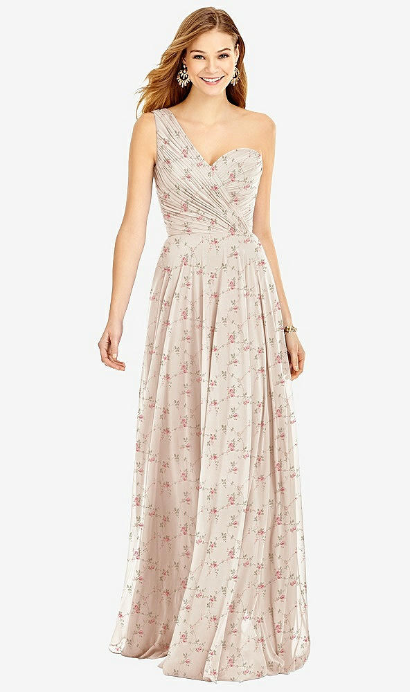 Front View - Coquette Floral Print One-Shoulder Draped Chiffon Maxi Dress - Dani