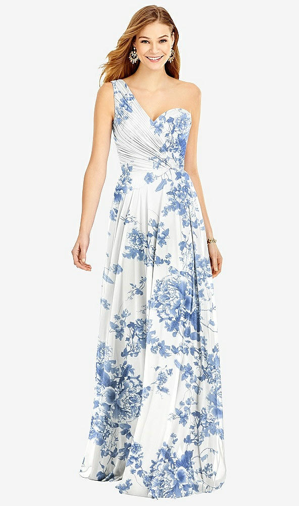 Front View - Cottage Rose Dusk Blue One-Shoulder Draped Chiffon Maxi Dress - Dani