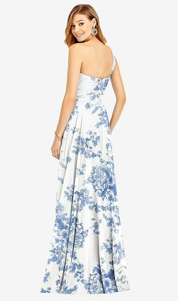 Back View - Cottage Rose Dusk Blue One-Shoulder Draped Chiffon Maxi Dress - Dani