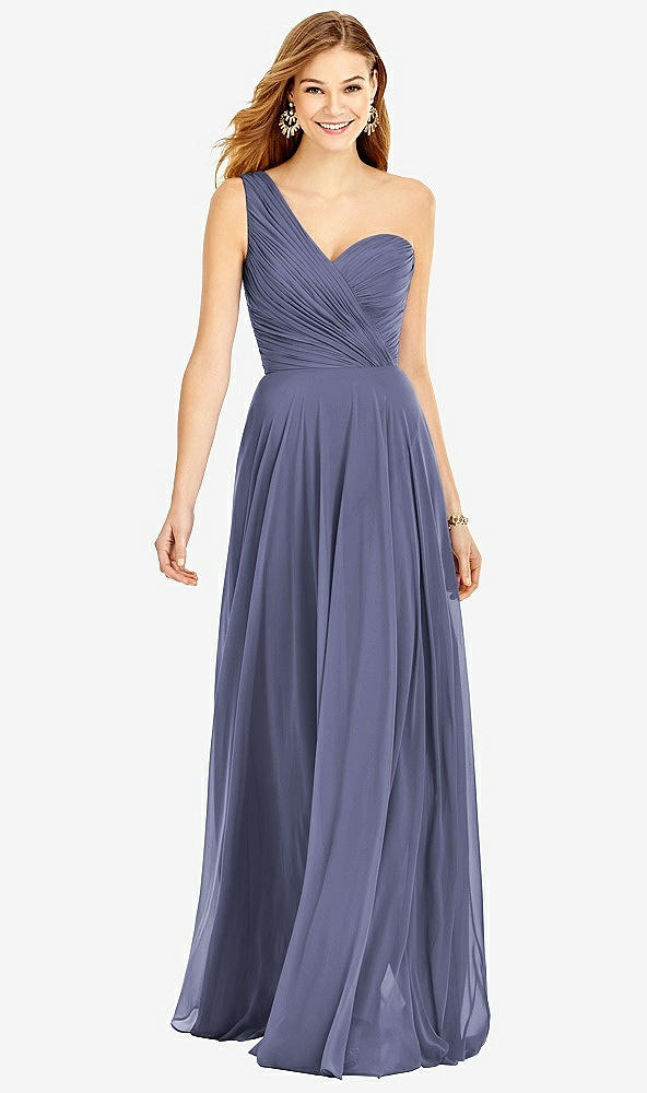 Front View - French Blue One-Shoulder Draped Chiffon Maxi Dress - Dani