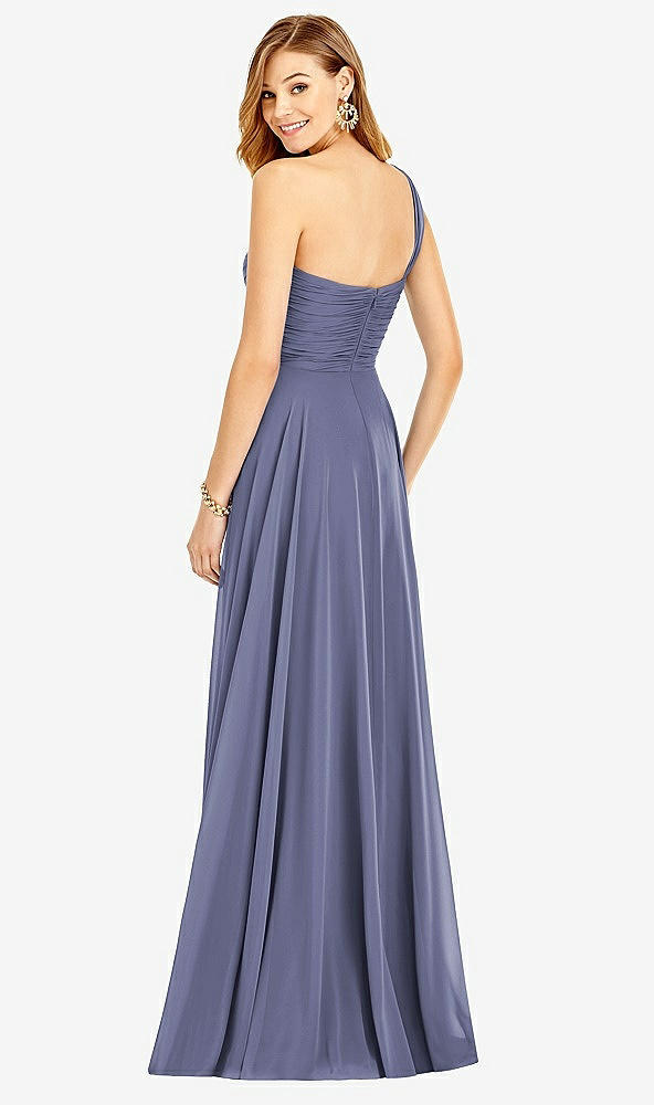 Back View - French Blue One-Shoulder Draped Chiffon Maxi Dress - Dani