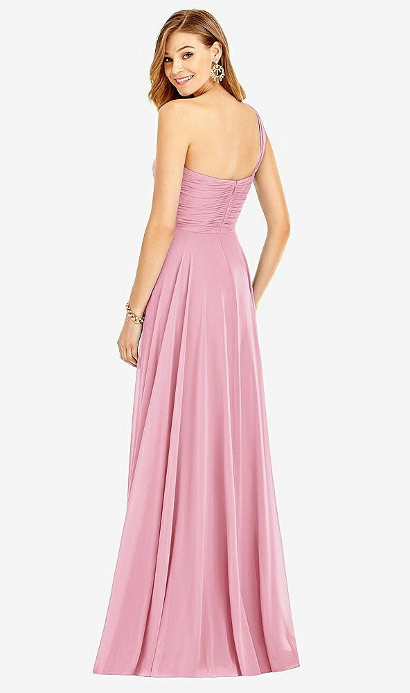 Back View - Peony Pink One-Shoulder Draped Chiffon Maxi Dress - Dani