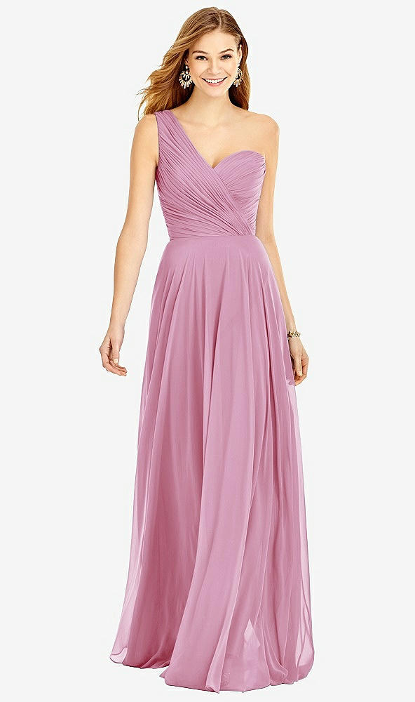 Front View - Powder Pink One-Shoulder Draped Chiffon Maxi Dress - Dani