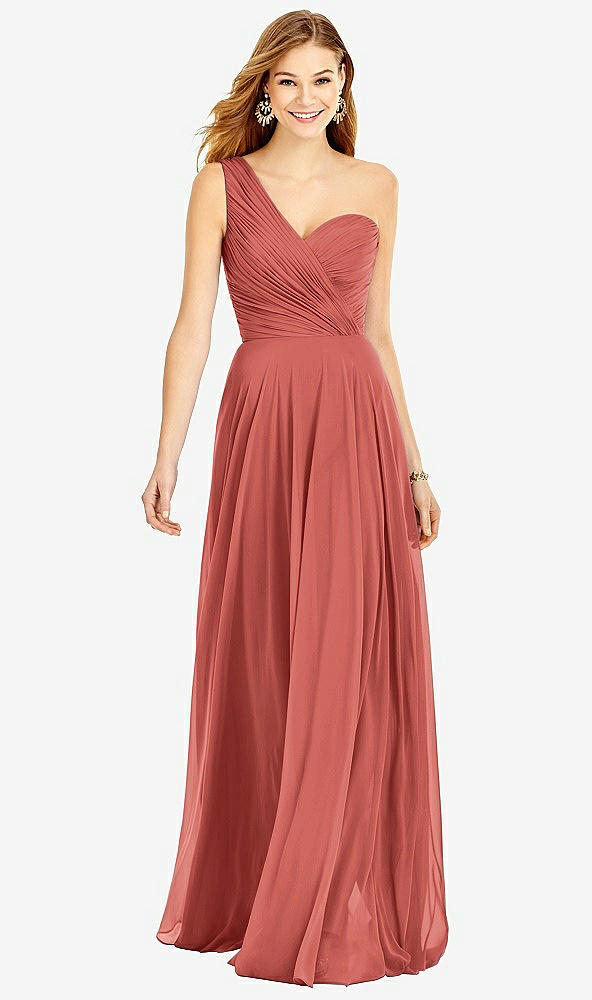 Front View - Coral Pink One-Shoulder Draped Chiffon Maxi Dress - Dani