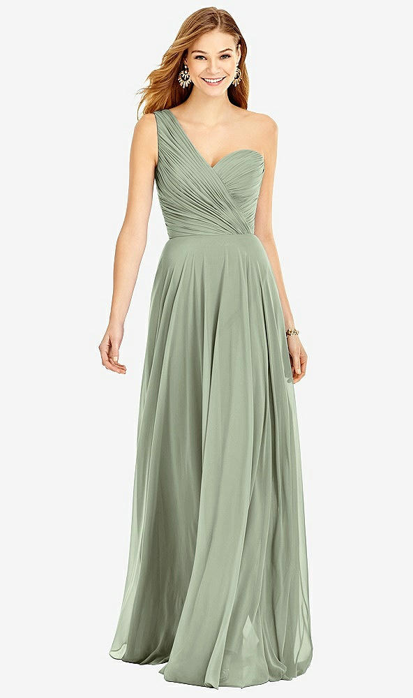 Front View - Sage One-Shoulder Draped Chiffon Maxi Dress - Dani