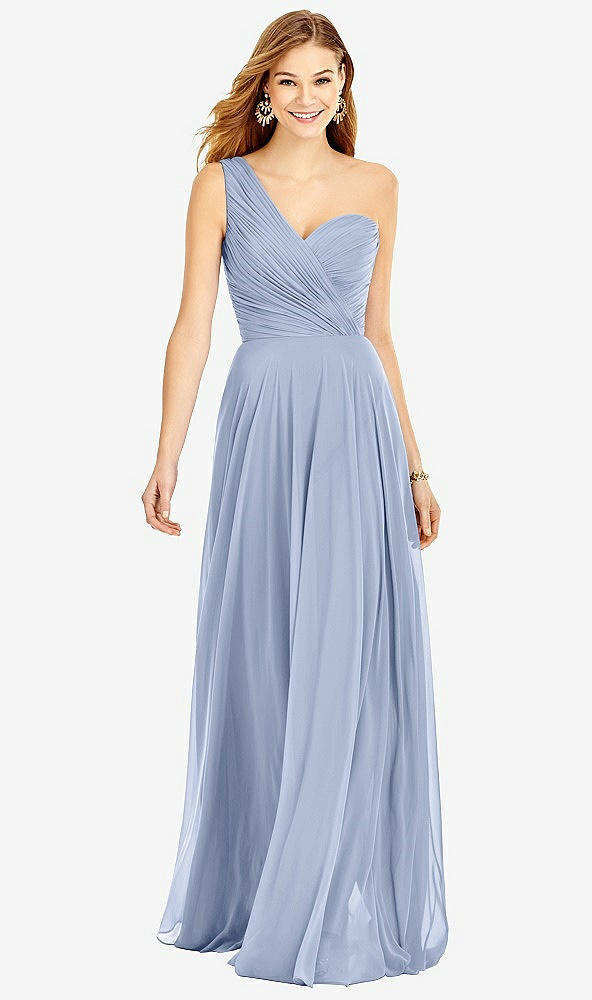 Front View - Sky Blue One-Shoulder Draped Chiffon Maxi Dress - Dani