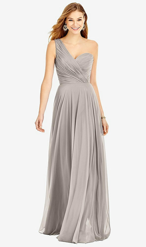 Front View - Taupe One-Shoulder Draped Chiffon Maxi Dress - Dani