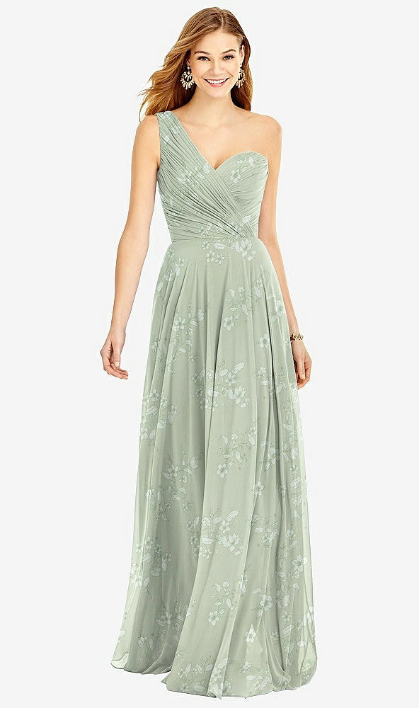 Front View - Vintage Primrose Sage One-Shoulder Draped Chiffon Maxi Dress - Dani