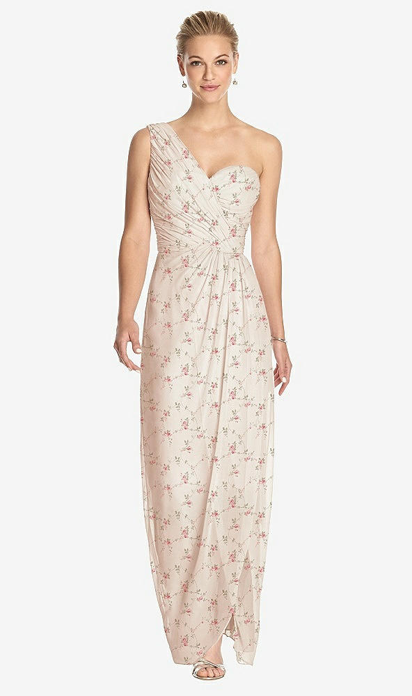 Front View - Coquette Floral Print One-Shoulder Draped Maxi Dress with Front Slit - Aeryn