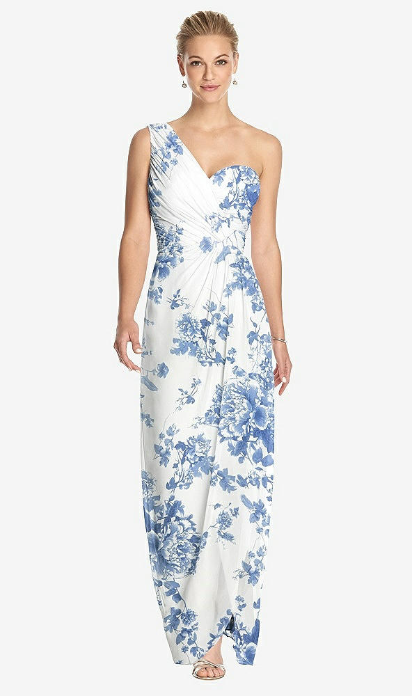 Front View - Cottage Rose Dusk Blue One-Shoulder Draped Maxi Dress with Front Slit - Aeryn