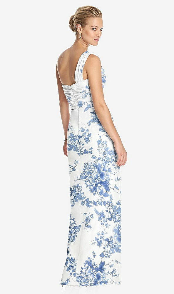 Back View - Cottage Rose Dusk Blue One-Shoulder Draped Maxi Dress with Front Slit - Aeryn