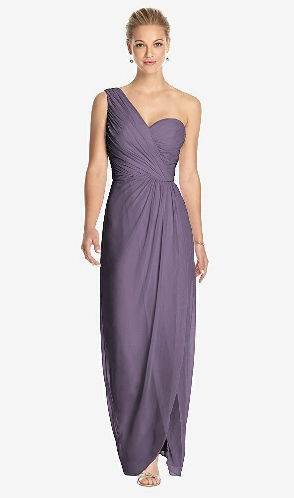 Front View - Lavender One-Shoulder Draped Maxi Dress with Front Slit - Aeryn