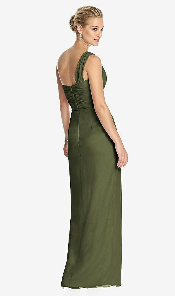 Back View - Olive Green One-Shoulder Draped Maxi Dress with Front Slit - Aeryn