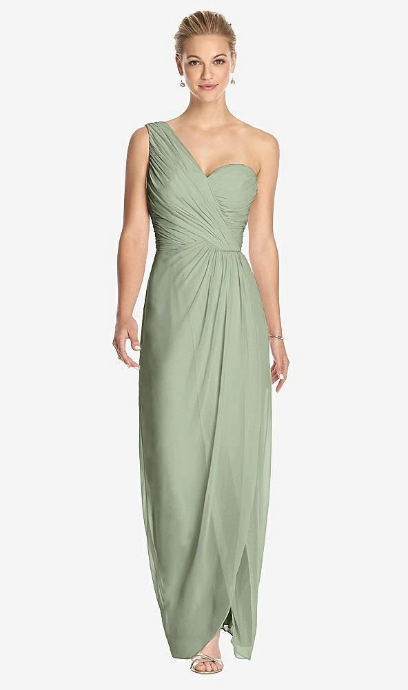 Front View - Sage One-Shoulder Draped Maxi Dress with Front Slit - Aeryn