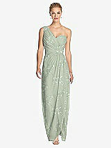 Front View Thumbnail - Vintage Primrose Sage One-Shoulder Draped Maxi Dress with Front Slit - Aeryn