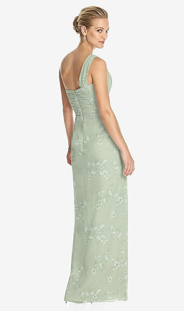 Back View - Vintage Primrose Sage One-Shoulder Draped Maxi Dress with Front Slit - Aeryn