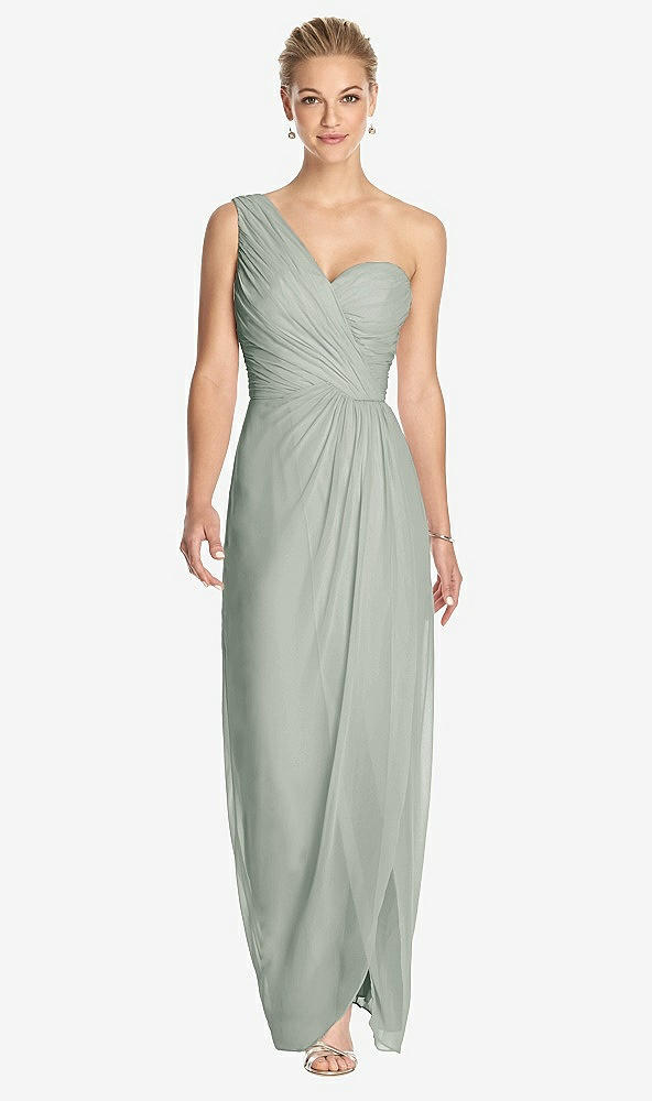 Front View - Willow Green One-Shoulder Draped Maxi Dress with Front Slit - Aeryn