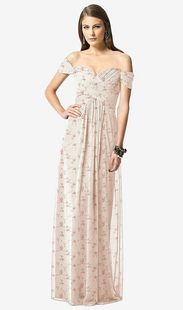 Front View - Coquette Floral Print Off-the-Shoulder Ruched Chiffon Maxi Dress - Alessia