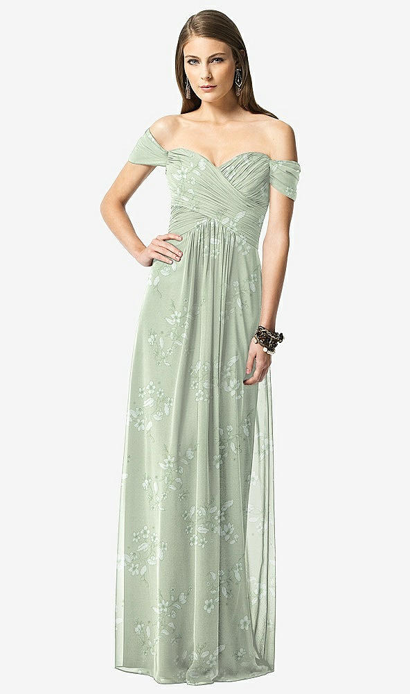 Front View - Vintage Primrose Sage Off-the-Shoulder Ruched Chiffon Maxi Dress - Alessia