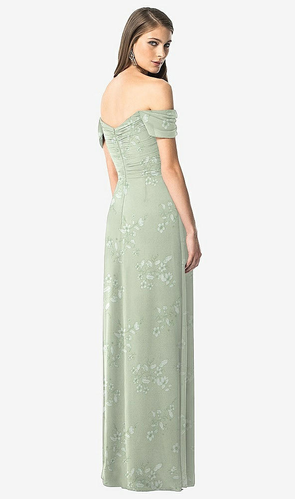 Back View - Vintage Primrose Sage Off-the-Shoulder Ruched Chiffon Maxi Dress - Alessia