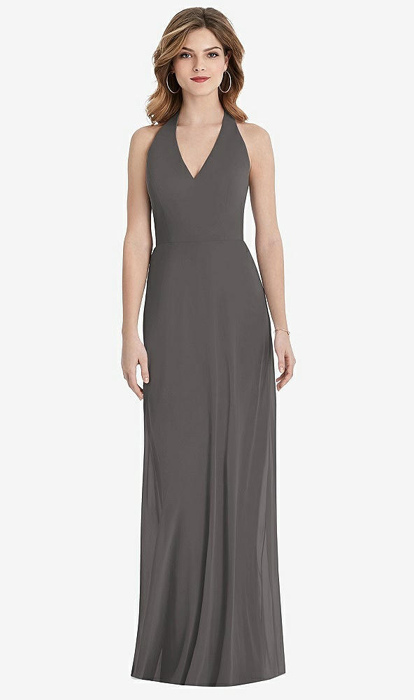 Back View - Caviar Gray V-Neck Halter Chiffon Maxi Dress - Taryn