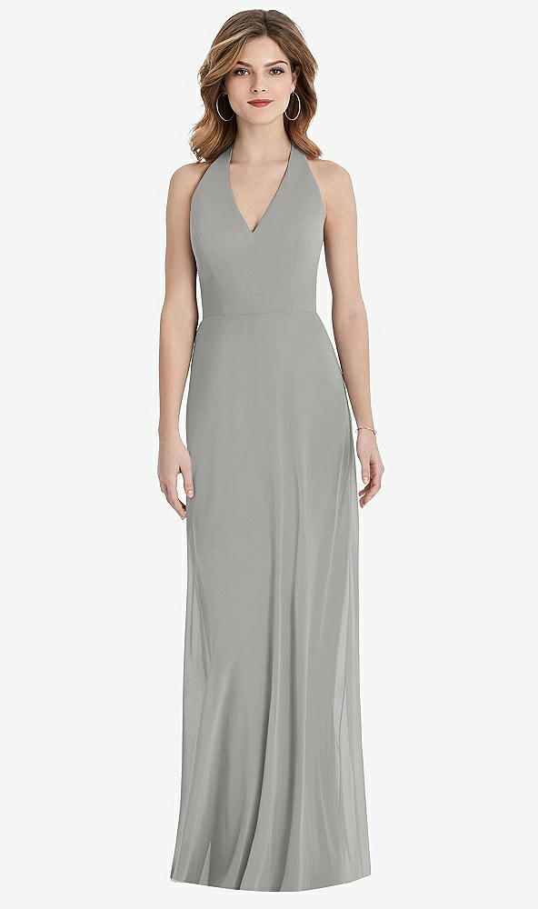 Back View - Chelsea Gray V-Neck Halter Chiffon Maxi Dress - Taryn