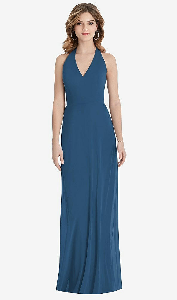 Back View - Dusk Blue V-Neck Halter Chiffon Maxi Dress - Taryn