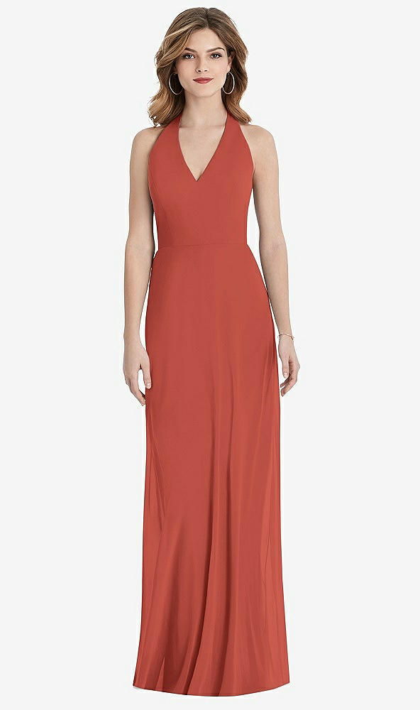 Back View - Amber Sunset V-Neck Halter Chiffon Maxi Dress - Taryn