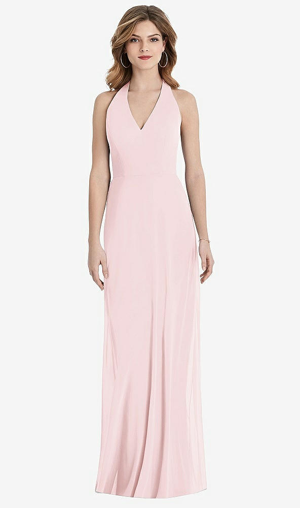 Back View - Ballet Pink V-Neck Halter Chiffon Maxi Dress - Taryn