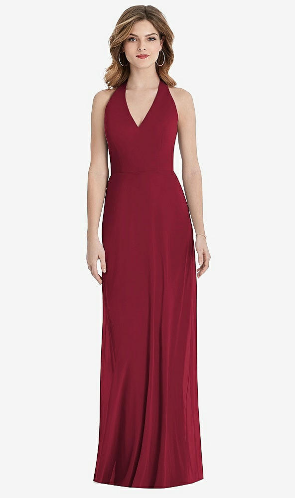 Back View - Burgundy V-Neck Halter Chiffon Maxi Dress - Taryn